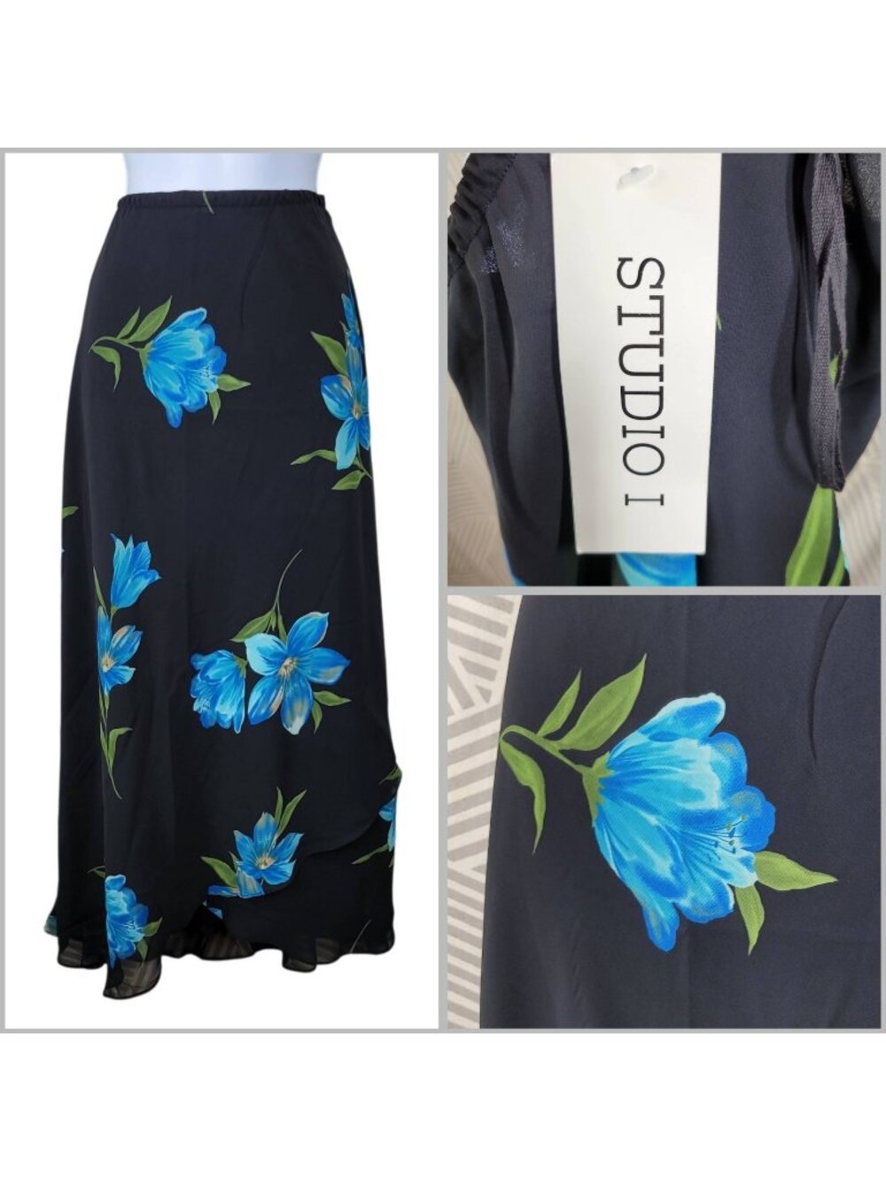 NEW Skirt 10 Floral Midi Stretch Waist Pull On Vintage Blue Black alt Midi Long